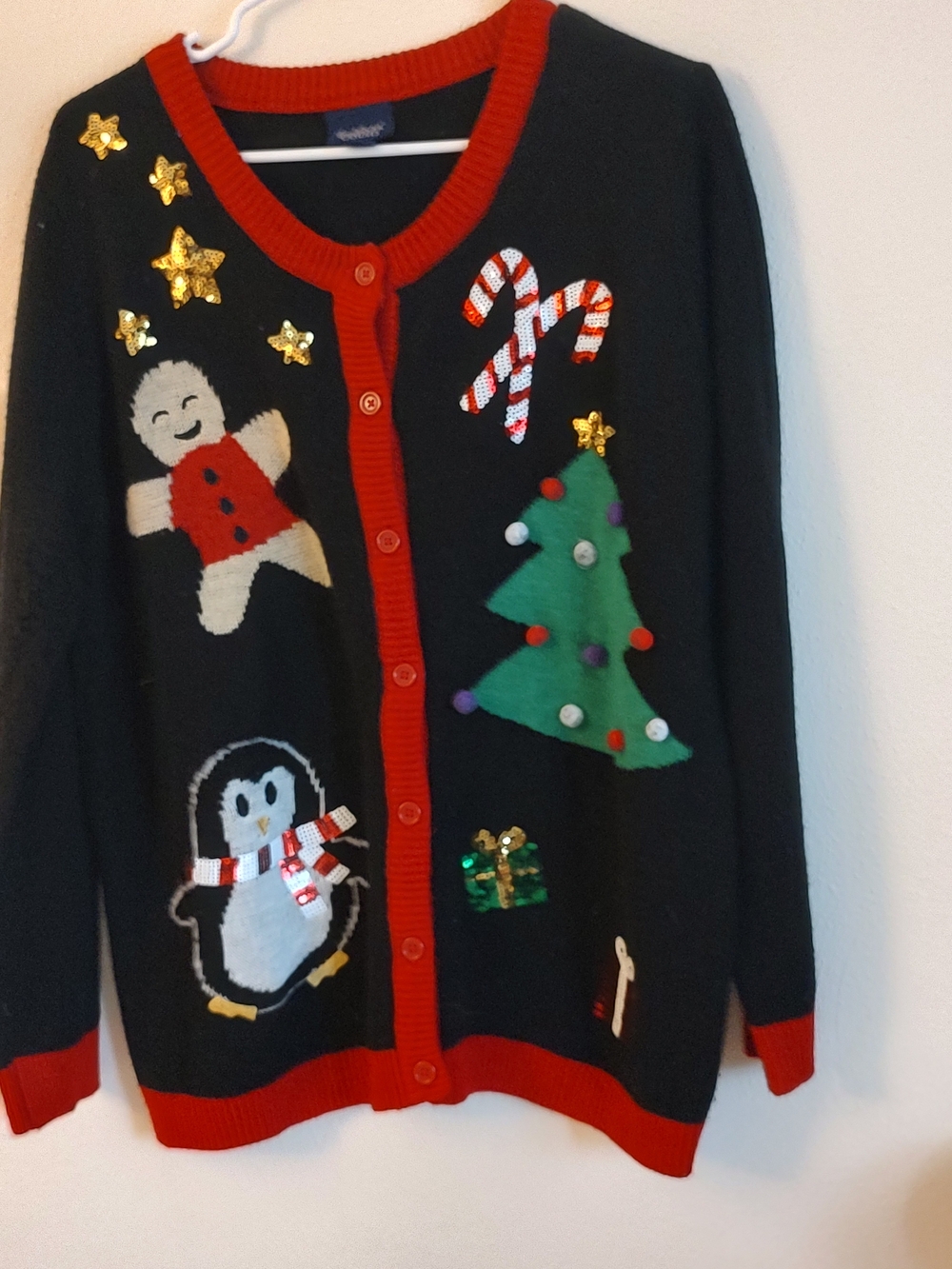 Vtg Gloria Vanderbilt Casuals Ugly Christmas Sweater Cardigan Sequin Penguin XL